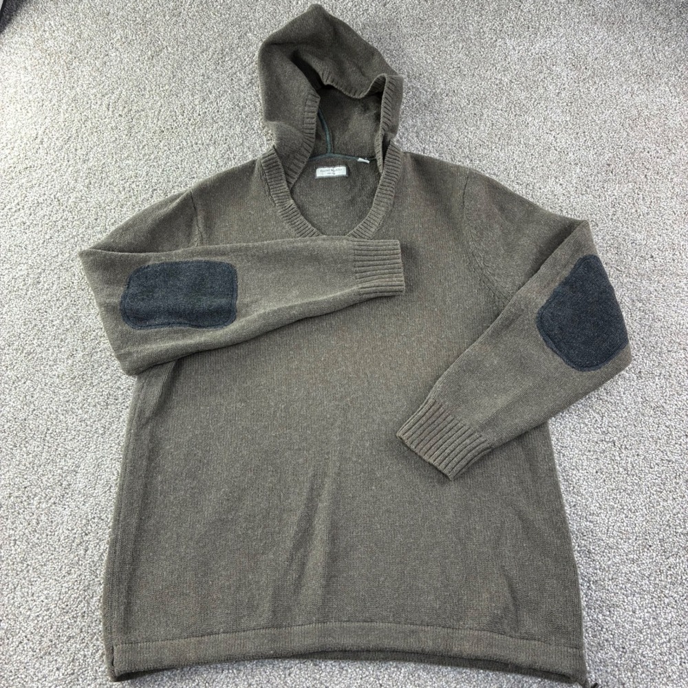 Daniel Buchler Hoodie Men L Brown Wool Blend V-Neck Elbow Patch Pullover Sweater